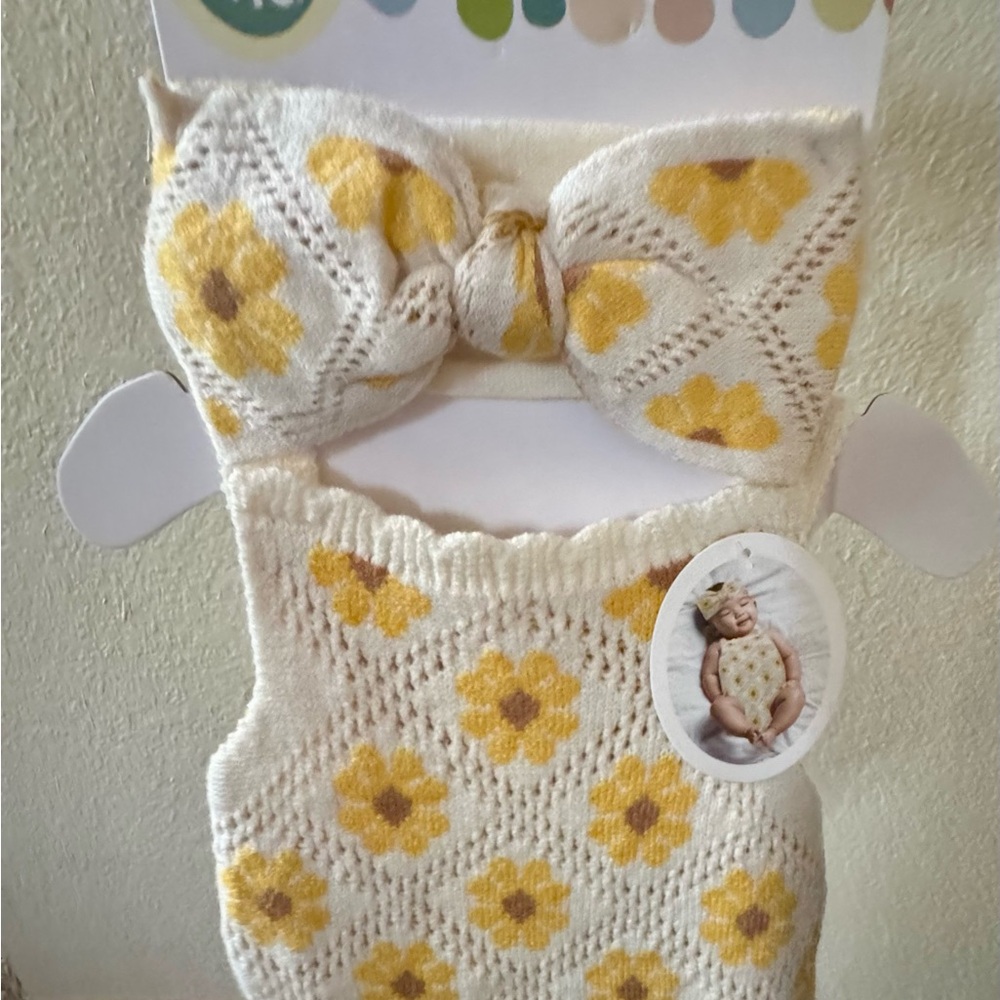 Little Me Yellow Floral Knit Baby Headband and Onesie Set